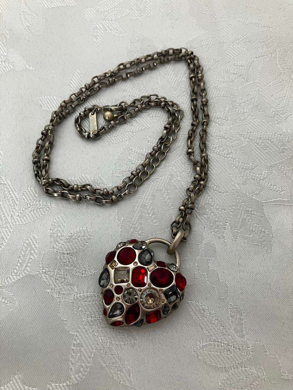 White House Black Market Crystal Heart Necklace Red Gray Rhinestones 19" Drop